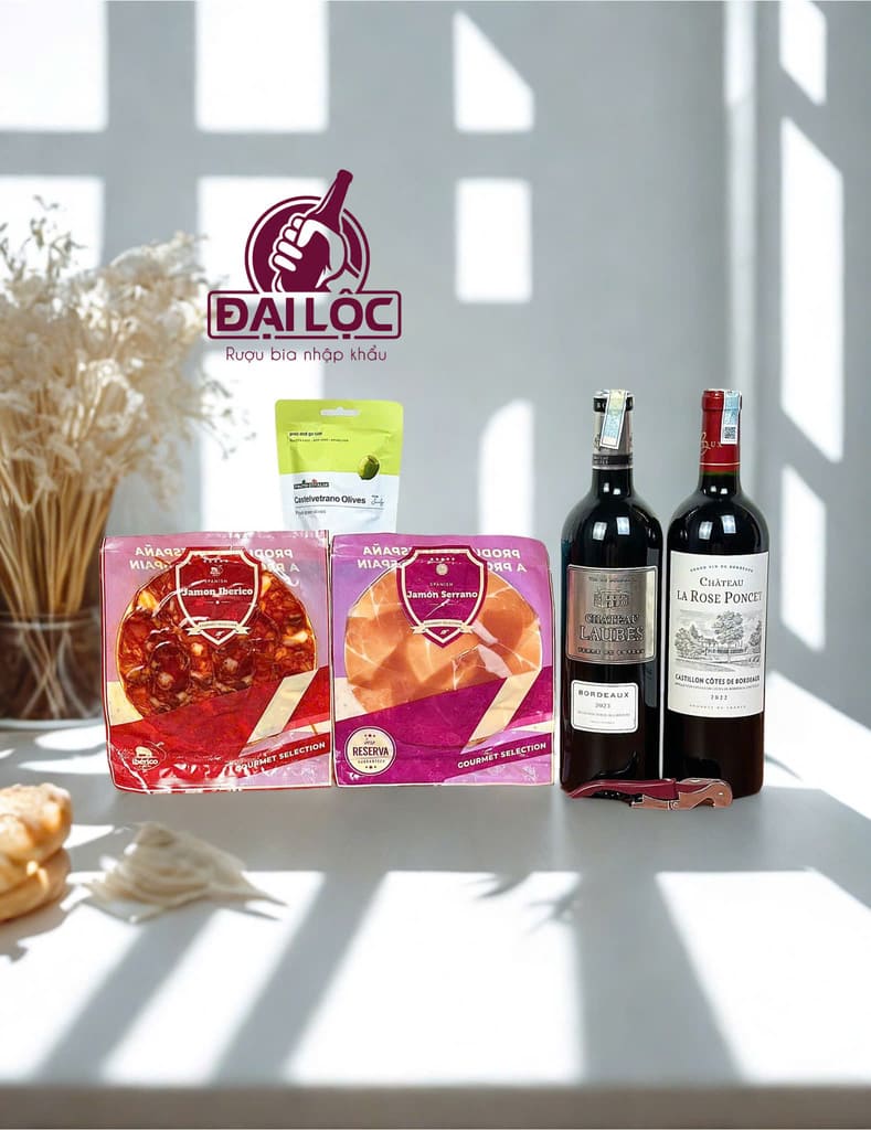 Combo Vang Bordeaux Đẳng Cấp: Mua 2 Chai Tặng Ngay Set Thịt Muối & Oliu Cao Cấp combo vang bordeaux tặng món