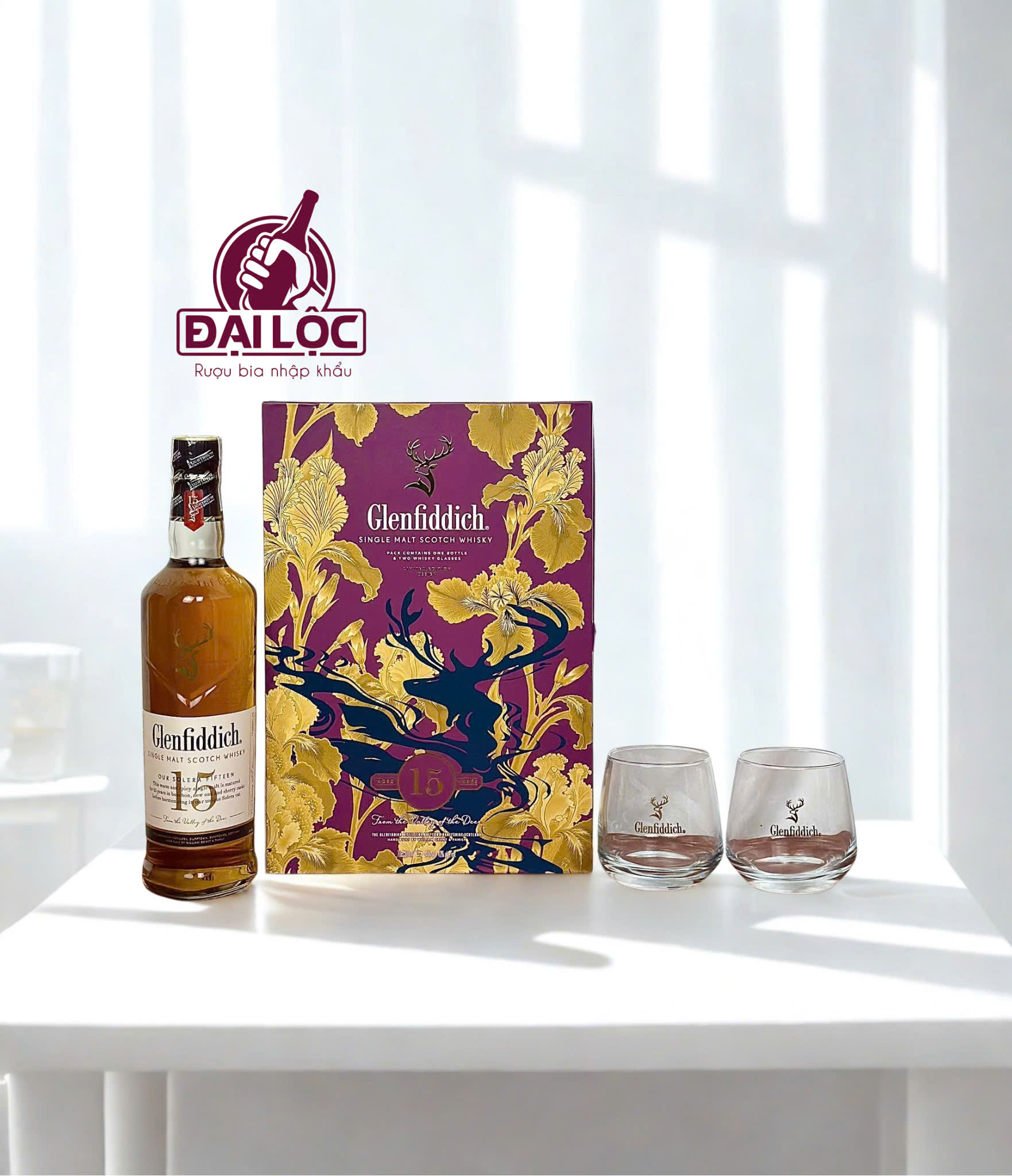 Hộp quà Glenfiddich 15 2026 gồm hộp chai và ly túi