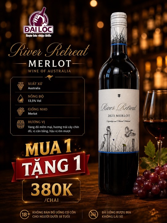 Rượu vang Úc River Retreat Merlot 2023 13,5% - Mua 1 tặng 1