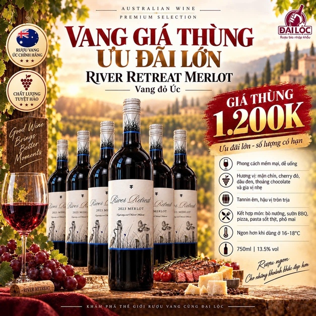 Rượu vang Úc River Retreat Merlot 2023 13,5%