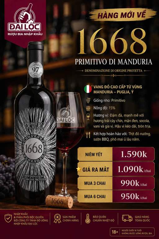 Rượu Vang Ý 1668 Primitivo di Manduria DOP 15% 2016