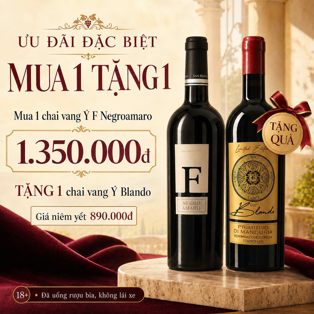Mua 1 Tặng 1: Vang F Negroamaro 15% Tặng Vang Blando Primitivo 15,5%